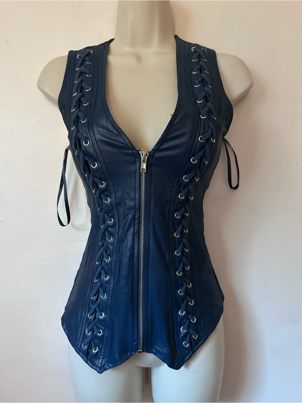 Women's Navy Lace-Up Faux Leather Zip Front Corset Top